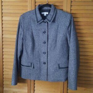 Pendleton Grey Tweed Wool Silk Blend Leather Trim Fully Lined  Blazer Size 12